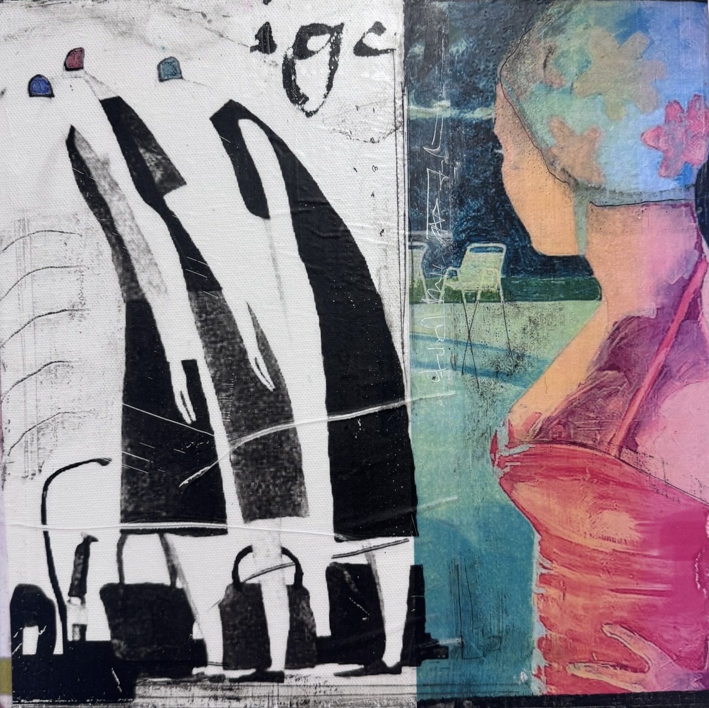 Collage mit schwarzen Figuren und farbigem Profil