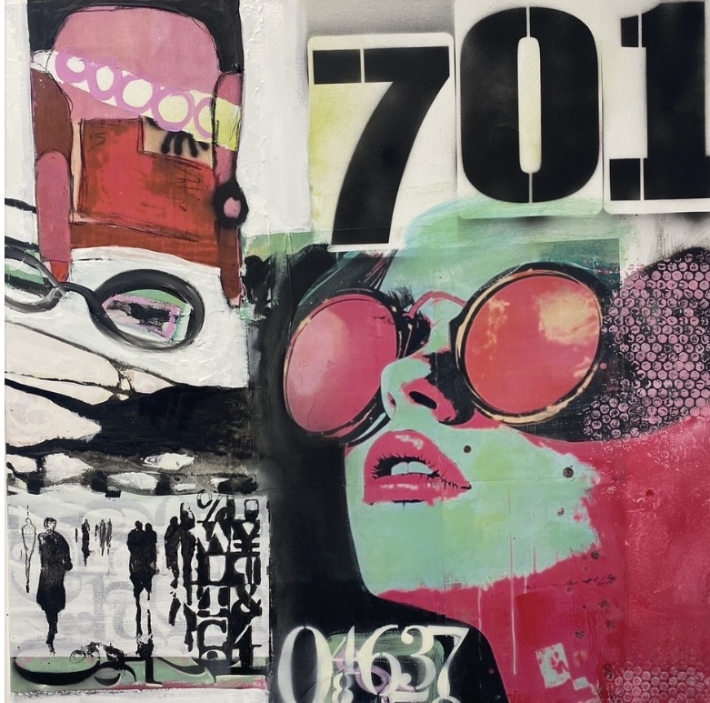 Collage in Pink und Türkis mit Sonnenbrille und Ziffern