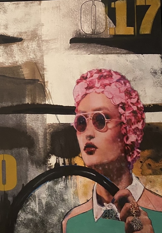Collage mit rosa Blütenhaube und Sonnenbrille