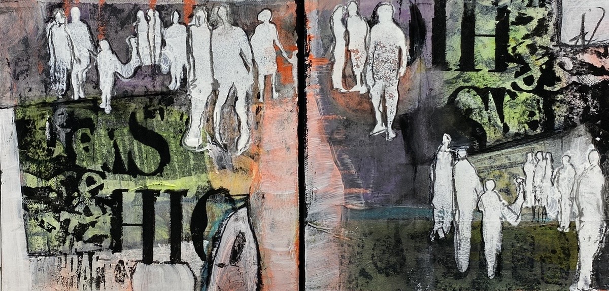 Kunstwerk von Coni Burkhalter mit weissen Figuren, Schrift und grünen, grauen und orangefarbenen Schichten