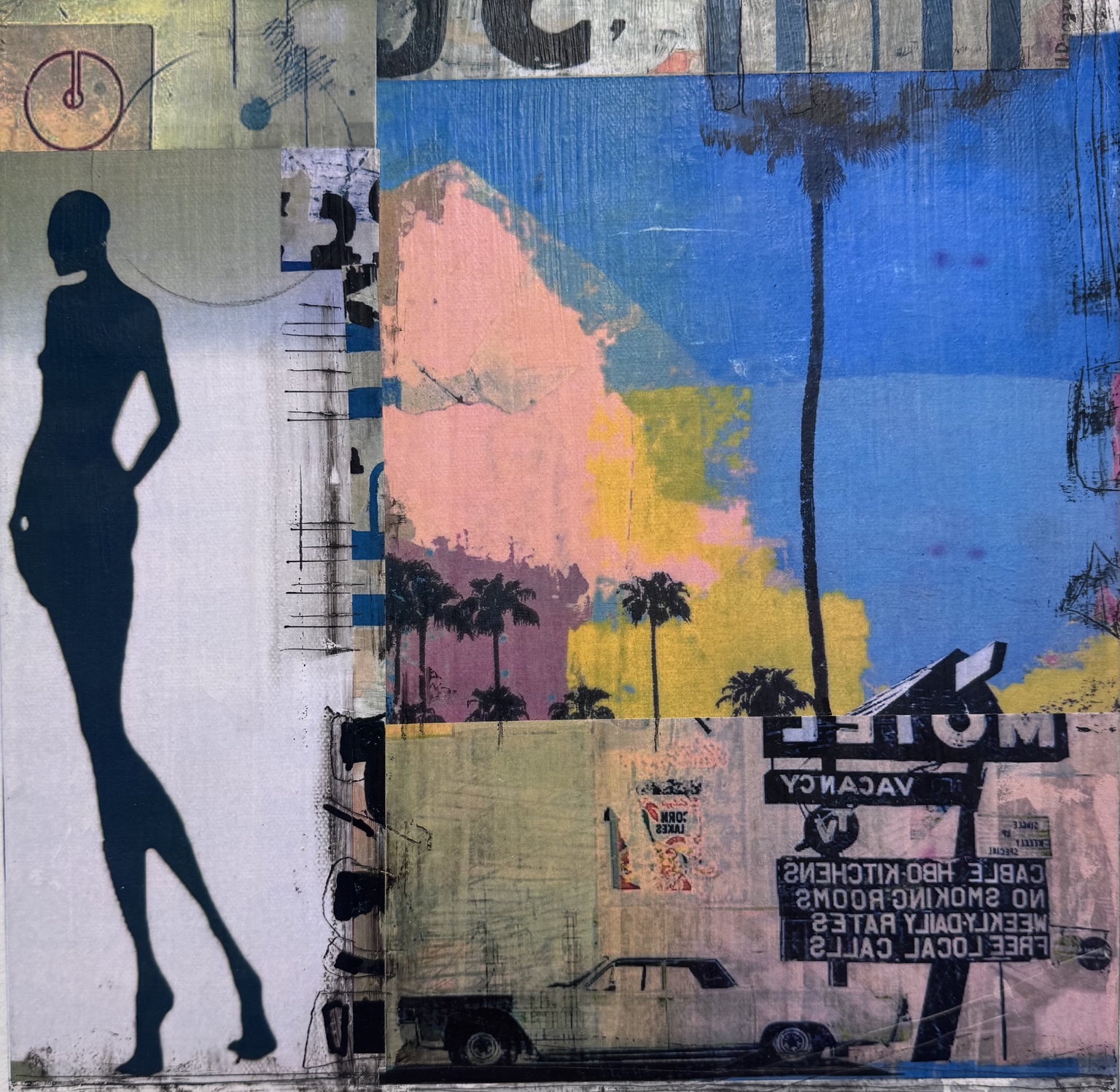 Collage von Coni Burkhalter mit Figuren, Blau und Rosa