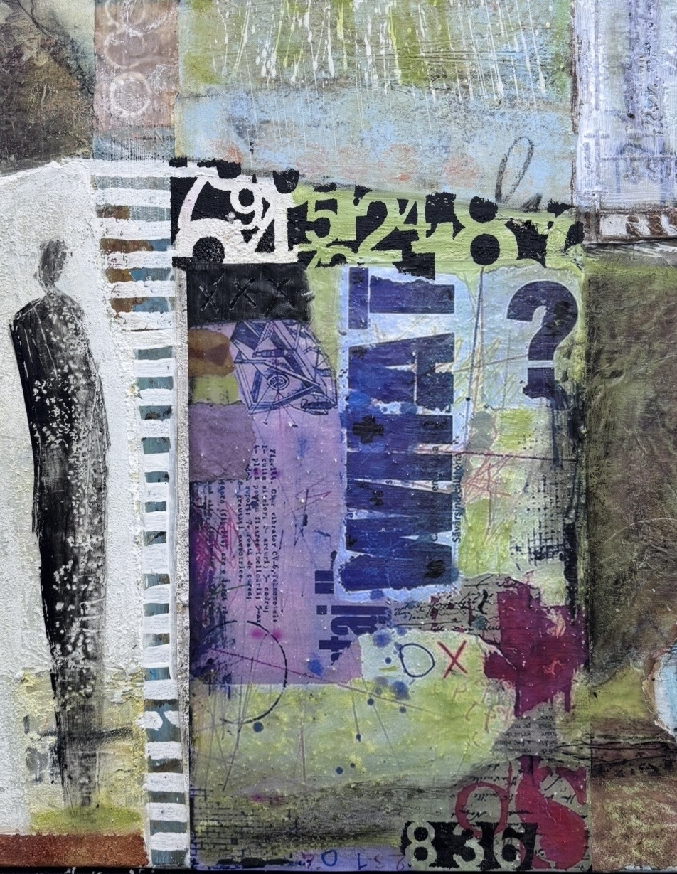 Collage mit grünen und violetten Farbflächen und Schrift